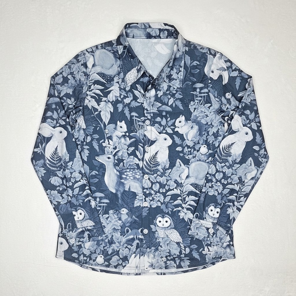 VTG-Style Men's Slate Blue Woodland Forest Animals Long Sleeve Button Up Shirt